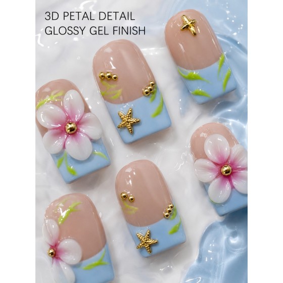 Fresh Blue French 3D‑Floral Press‑On Nails, Short Square Hand‑Painted Green Leaf False Nails with Metal Starfish & Gold Beads